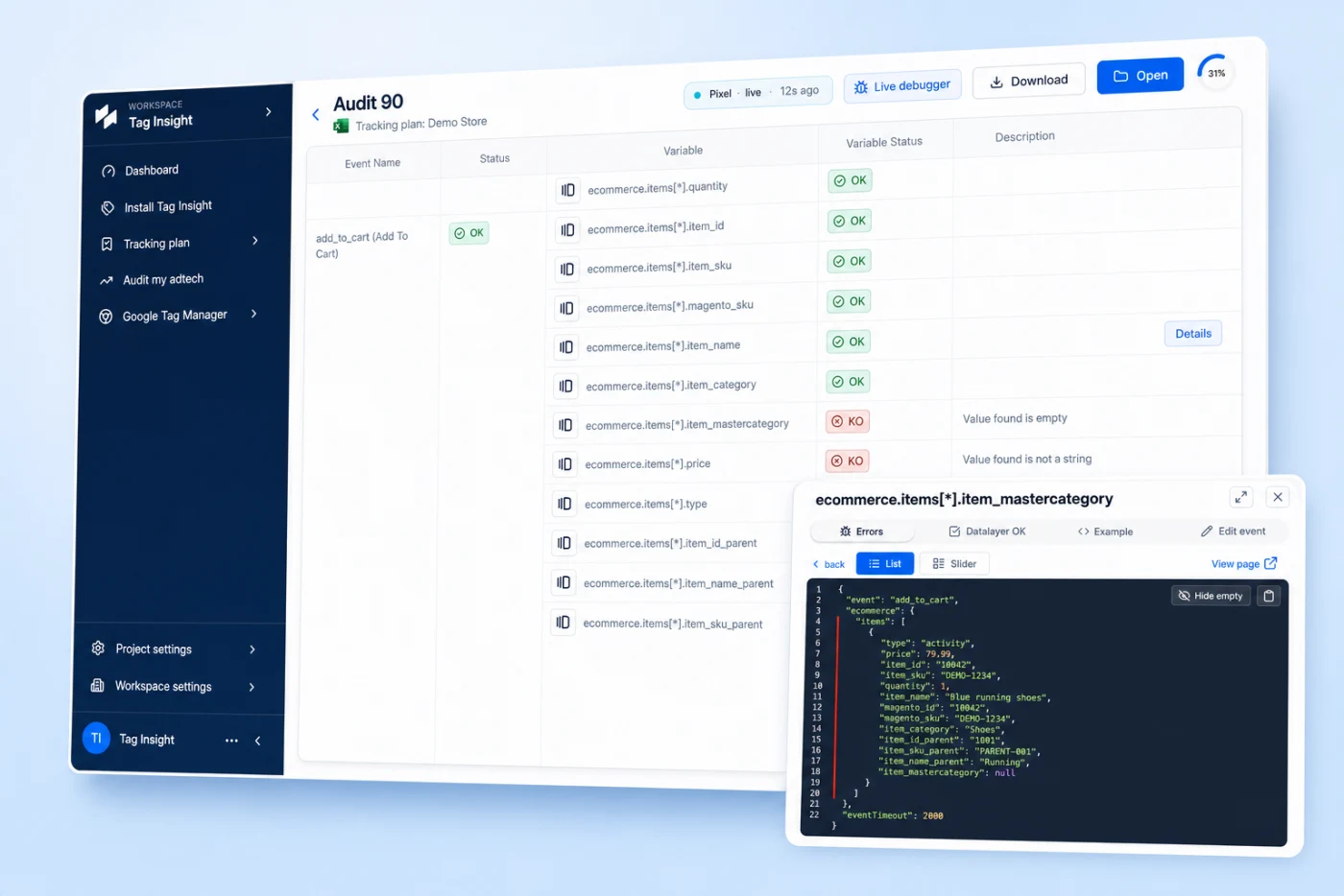 Audit de qualité de tracking dans Tag Insight
