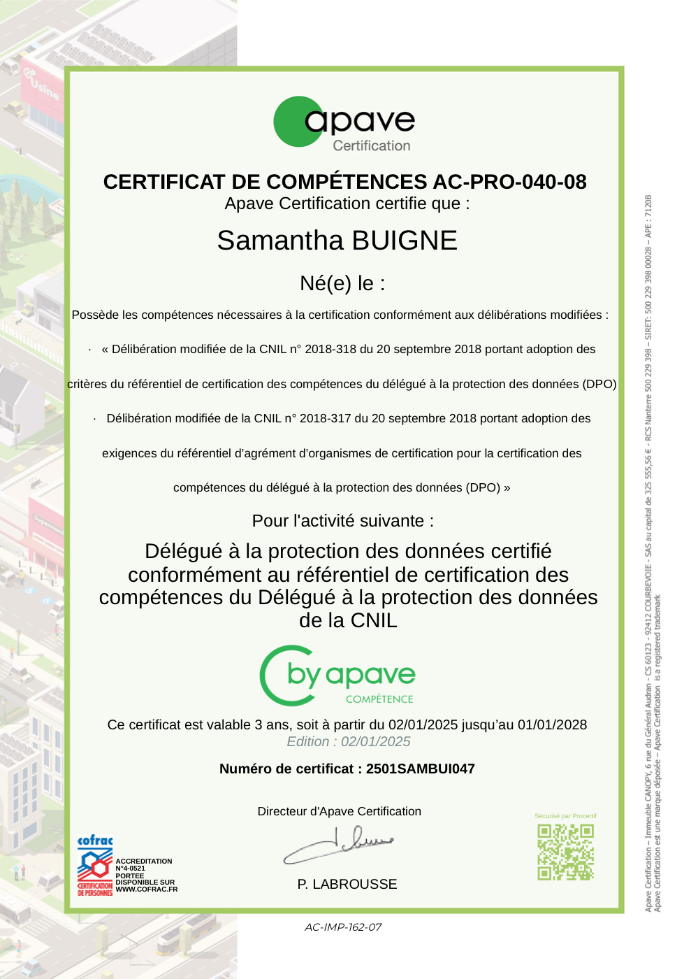 Certificat de compétences DPO n° 2501SAMBUI047 de Samantha Buigne, délivré par Apave Certification